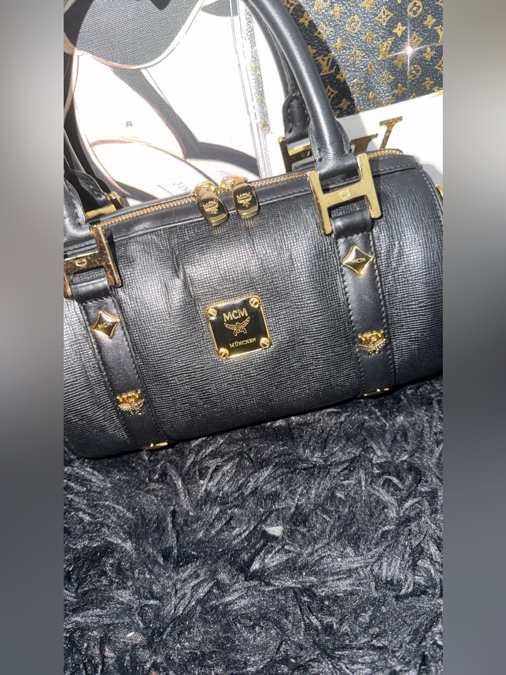 MCM  Papillon Black Leather Top-Handle Satchel with Gold Hardware - Picture 2 of 12